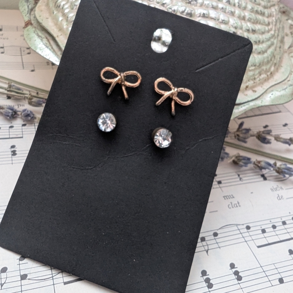 Bow and Crystal Stud Earrings - Picture 2 of 6